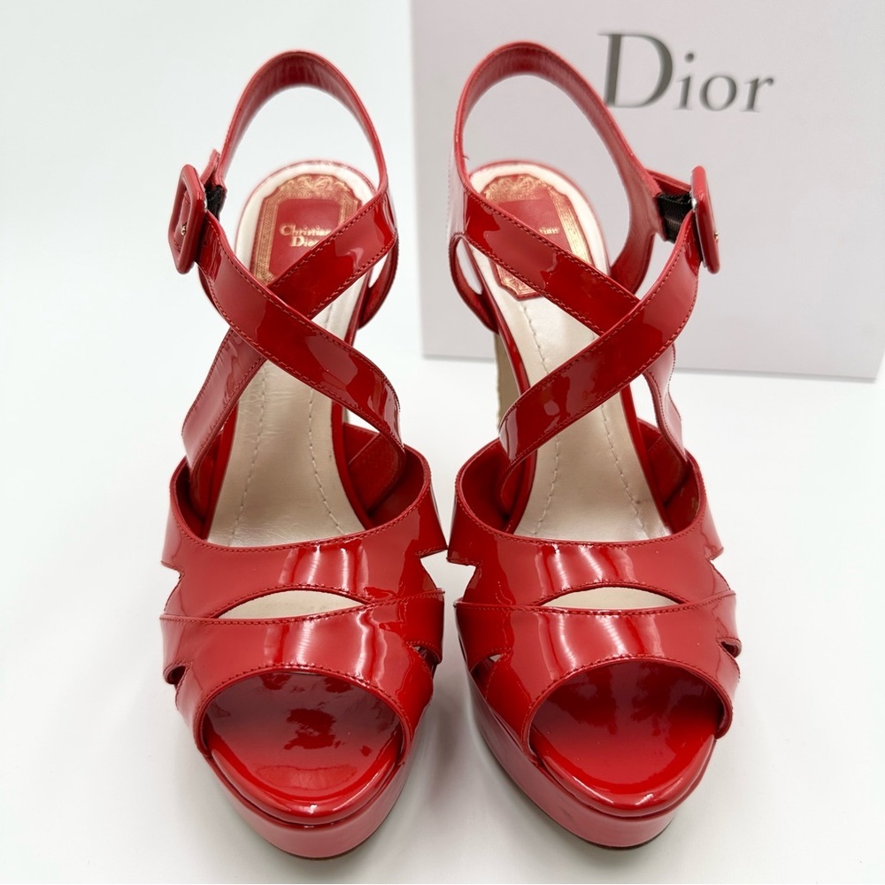 Dior Metal Cannage Strappy Peep Toe Heels Red Patent Leather - Picture 4 of 16